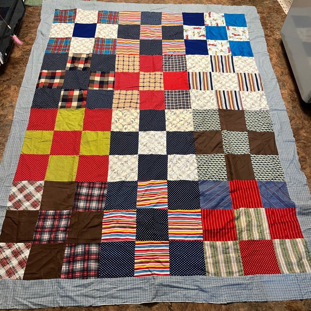Flannel Nine Patch Quilt Top Square Pattern Green Plaid Border 72 x 92" Multi